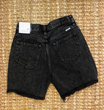Black, Cross-Waist Distressed Jean Shorts
