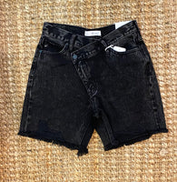 Black, Cross-Waist Distressed Jean Shorts