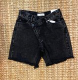 Black, Cross-Waist Distressed Jean Shorts