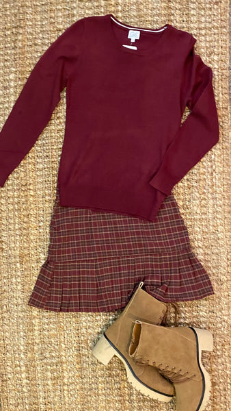 Burgundy top gingham skirt