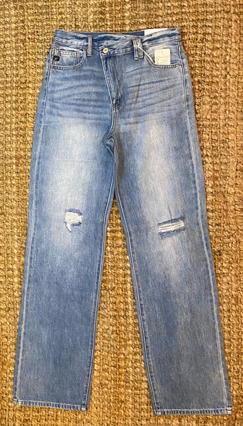 Crossover-Waist Straight-Leg Jeans
